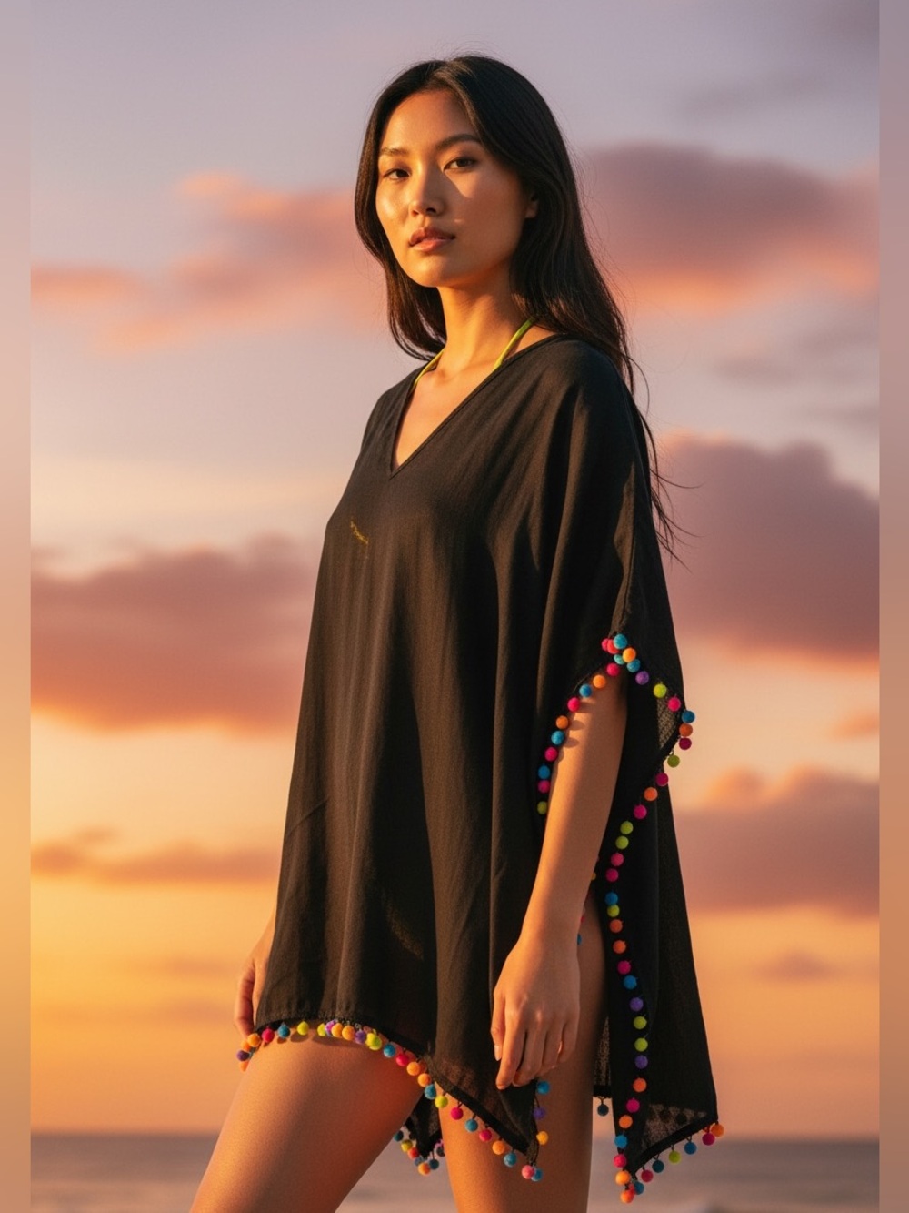 SHEIN Black Cover-Up with Multicolor Pom Poms